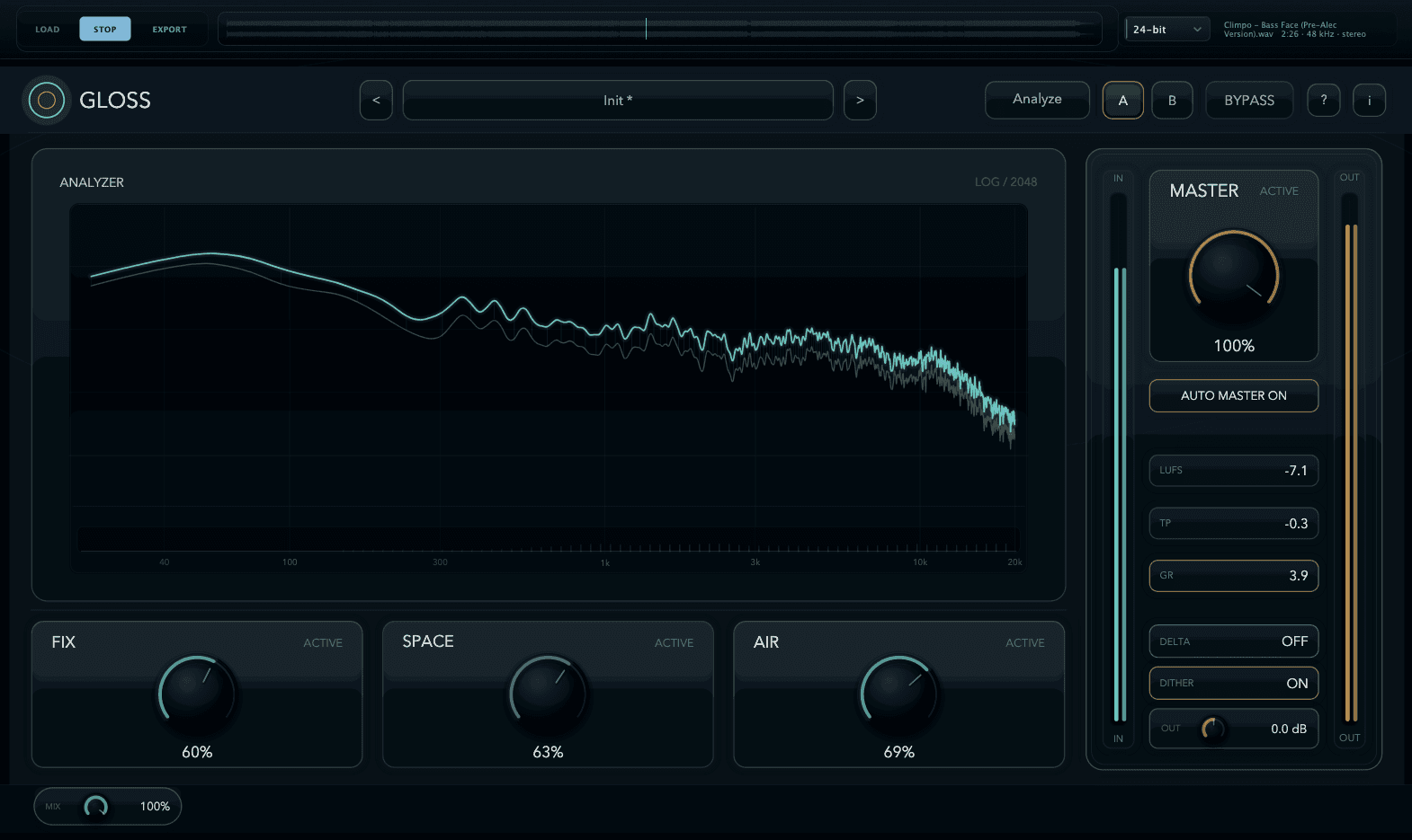 Gloss plugin interface showing analyzer, cleanup controls, and master section